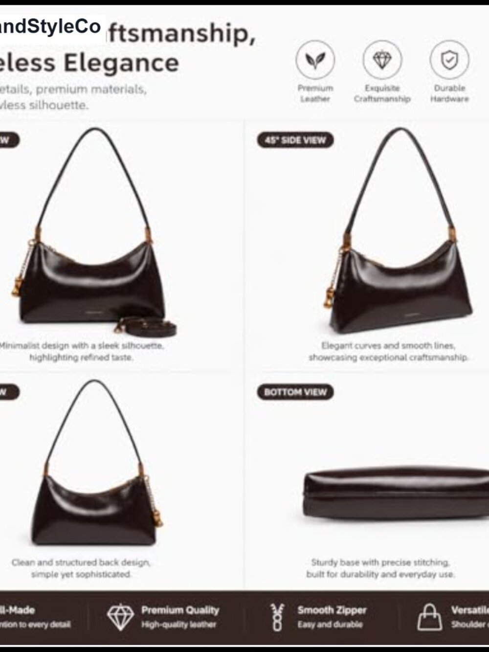 Faux Leather Crescent Crossbody Bag Adjustable Strap Zipper - Picture 2 of 6